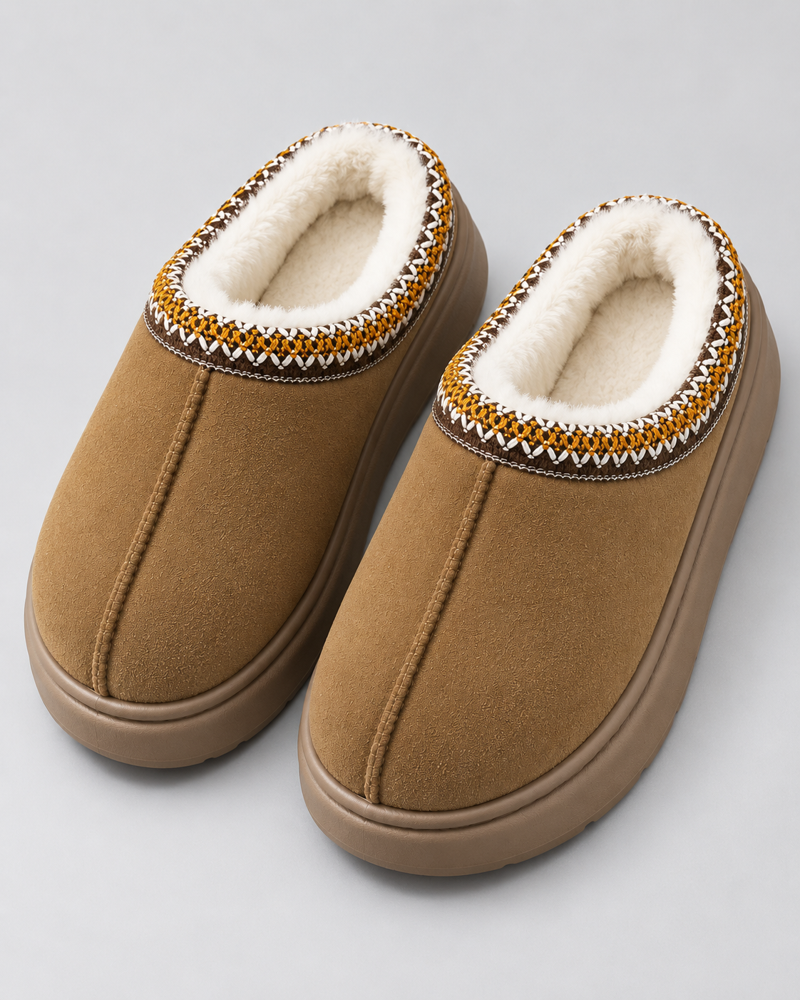 Women's Plush-Lined Suede-Look Slippers - Thick Sole Slip-On