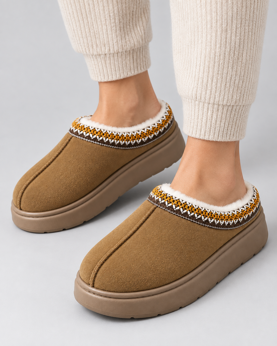 Women's Plush-Lined Suede-Look Slippers - Thick Sole Slip-On