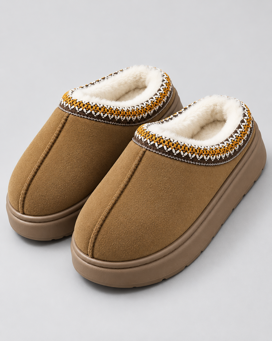 Women's Plush-Lined Suede-Look Slippers - Thick Sole Slip-On