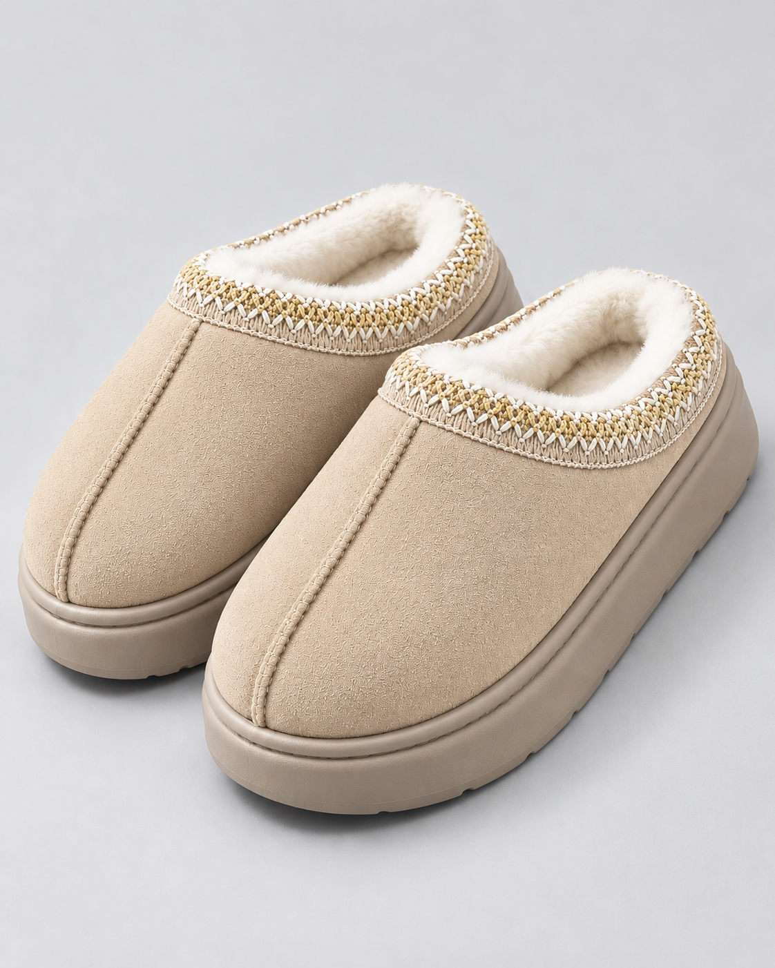 Women's Plush-Lined Suede-Look Slippers - Thick Sole Slip-On