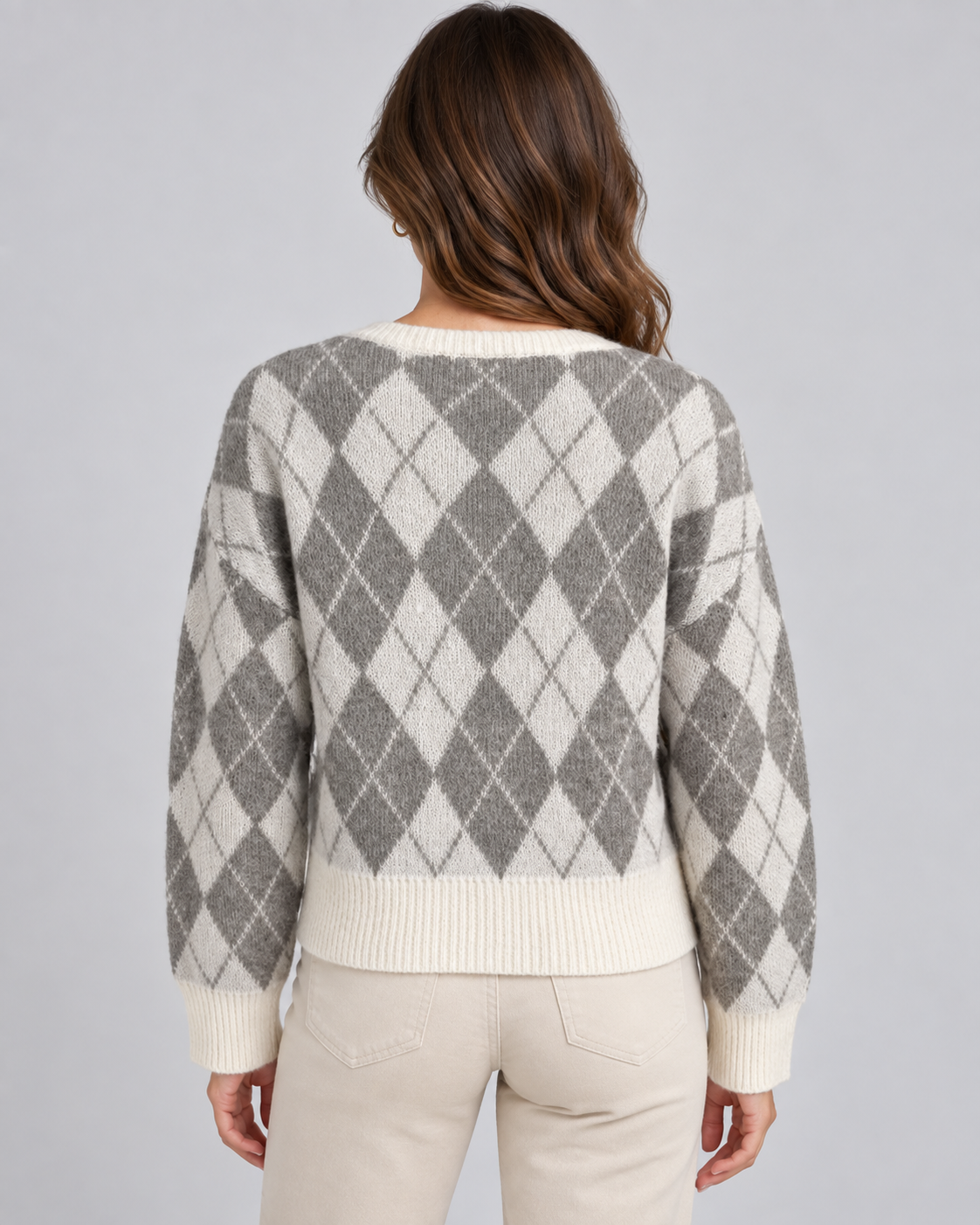 Women's Argyle Cardigan - Relaxed Crew Neck Button-Up