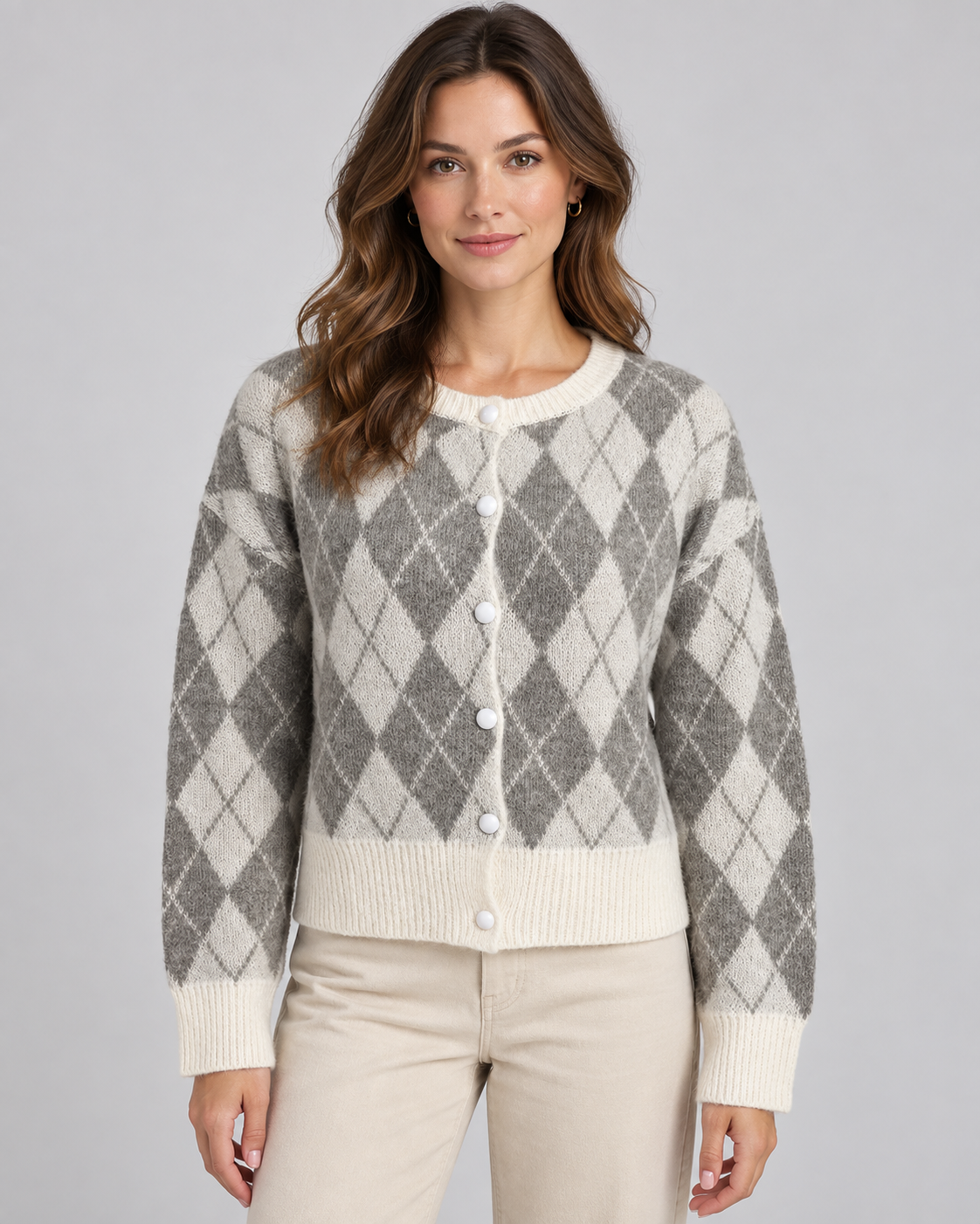 Women's Argyle Cardigan - Relaxed Crew Neck Button-Up