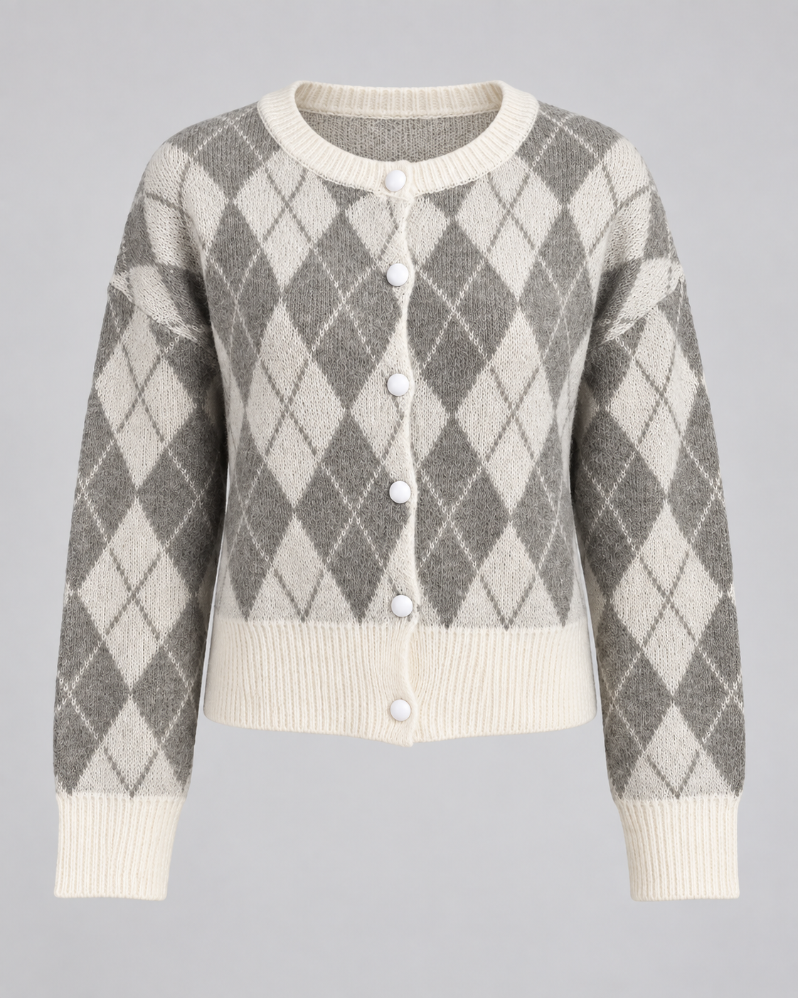 Women's Argyle Cardigan - Relaxed Crew Neck Button-Up