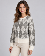 Women's Argyle Cardigan - Relaxed Crew Neck Button-Up