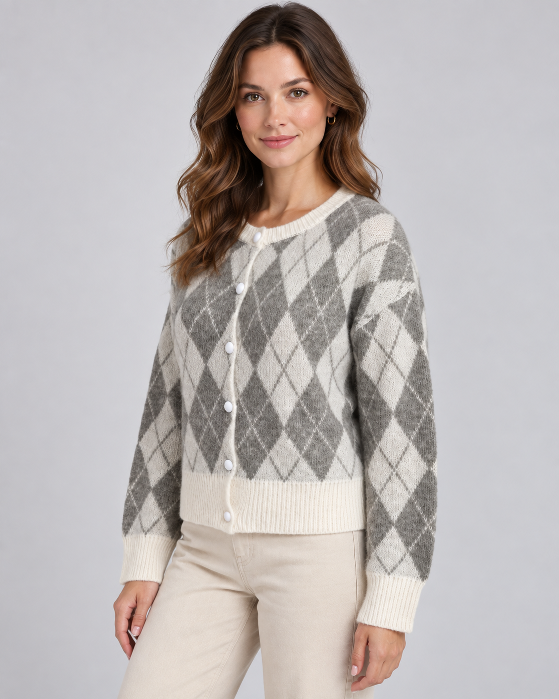 Women's Argyle Cardigan - Relaxed Crew Neck Button-Up