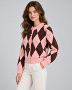 Women's Argyle Knit Cardigan - Button Front Cropped Crew Neck