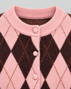 Women's Argyle Knit Cardigan - Button Front Cropped Crew Neck