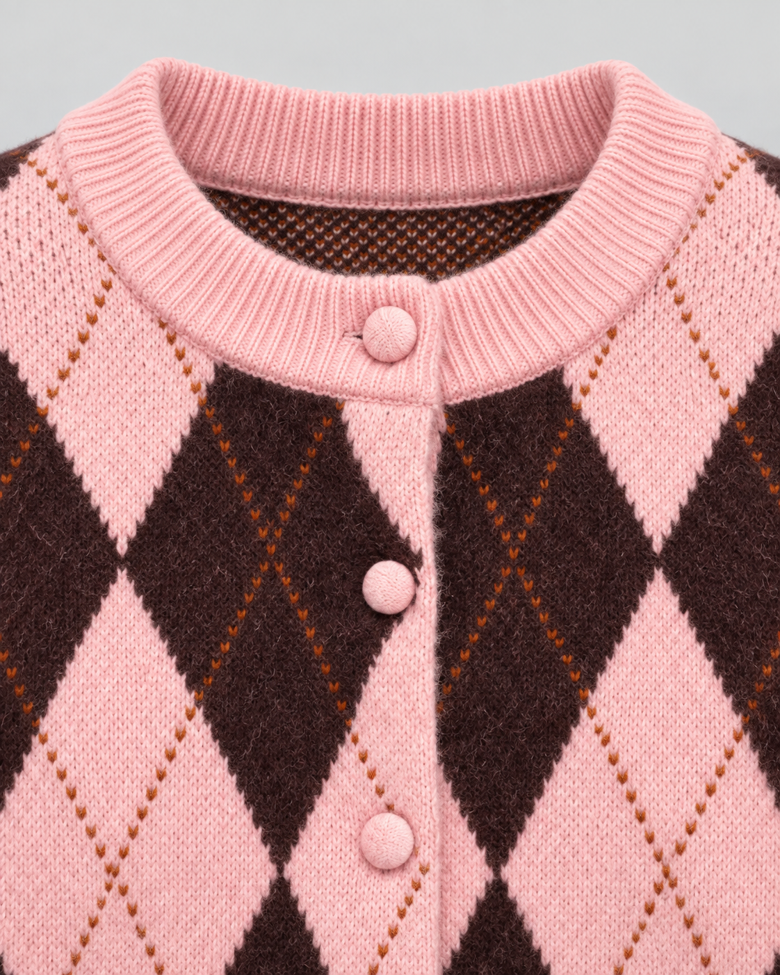 Women's Argyle Knit Cardigan - Button Front Cropped Crew Neck