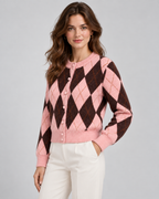 Women's Argyle Knit Cardigan - Button Front Cropped Crew Neck