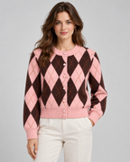 Women's Argyle Knit Cardigan - Button Front Cropped Crew Neck