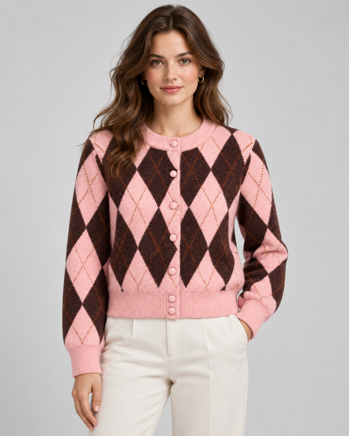Women's Argyle Knit Cardigan - Button Front Cropped Crew Neck