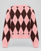 Women's Argyle Knit Cardigan - Button Front Cropped Crew Neck