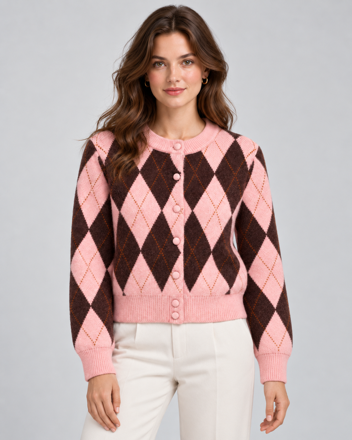 Women's Argyle Knit Cardigan - Button Front Cropped Crew Neck