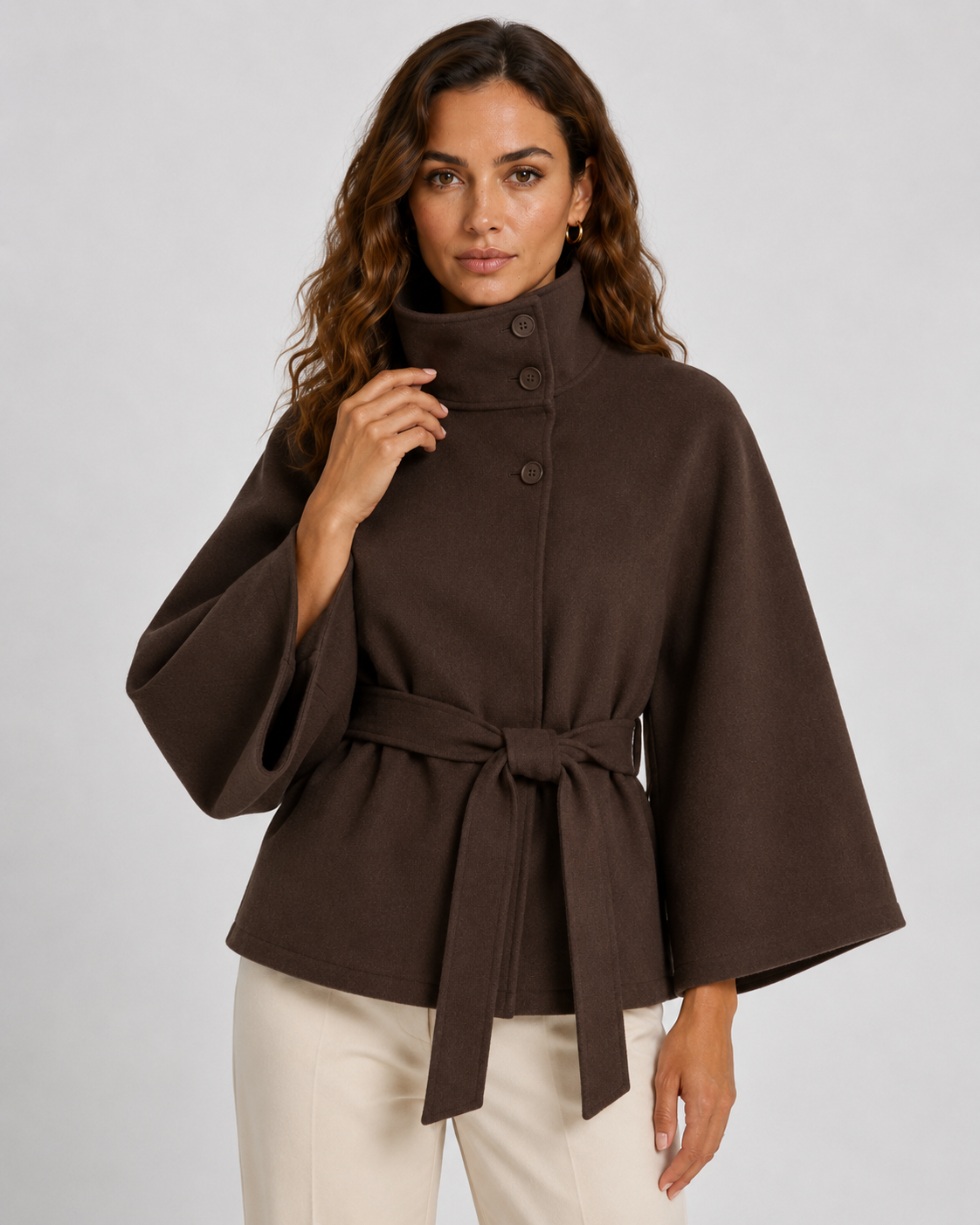 Women's Belted Funnel Neck Cape - Wide Sleeve