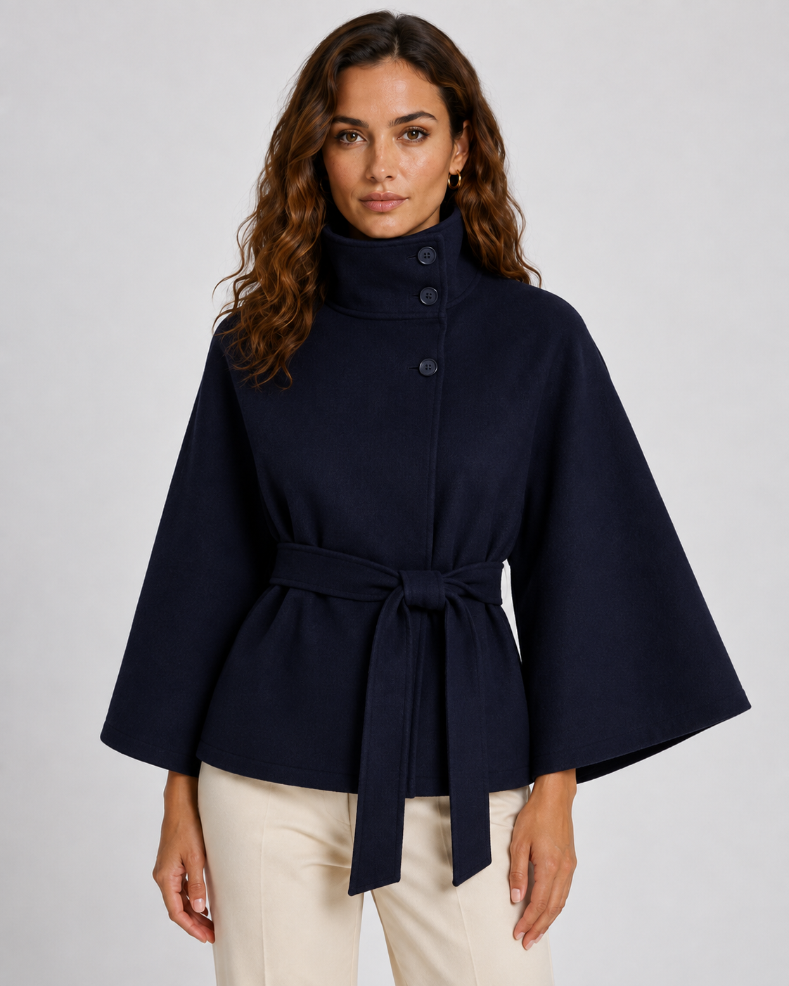 Women's Belted Funnel Neck Cape - Wide Sleeve
