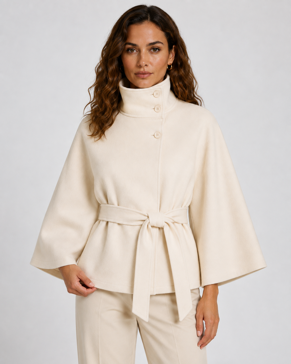 Women's Belted Funnel Neck Cape - Wide Sleeve