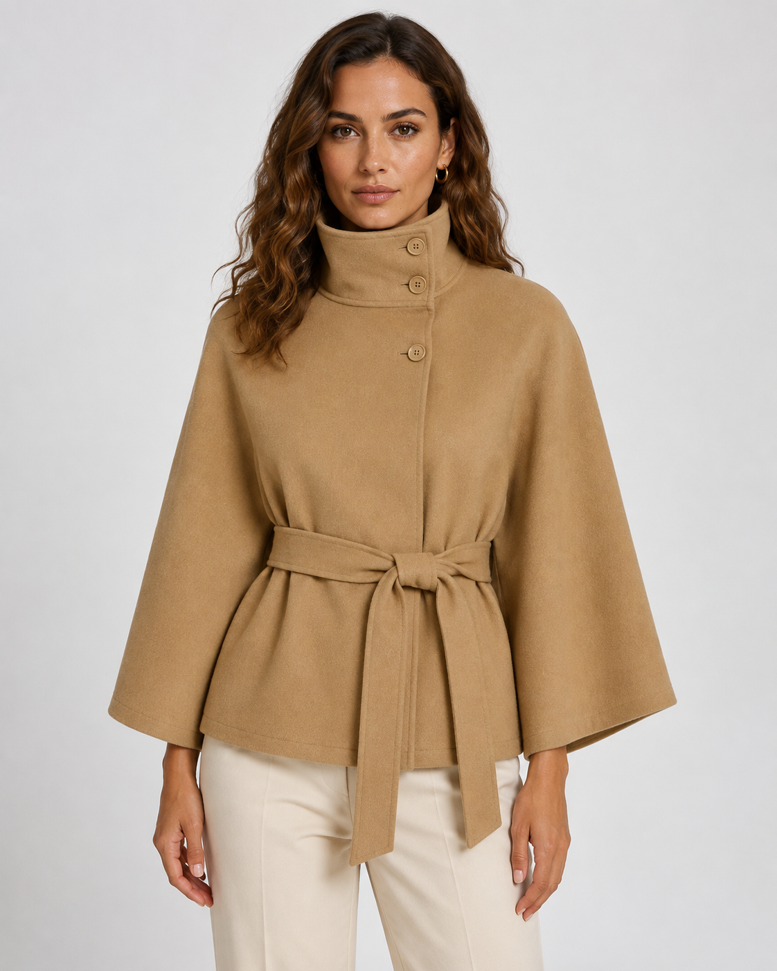 Women's Belted Funnel Neck Cape - Wide Sleeve