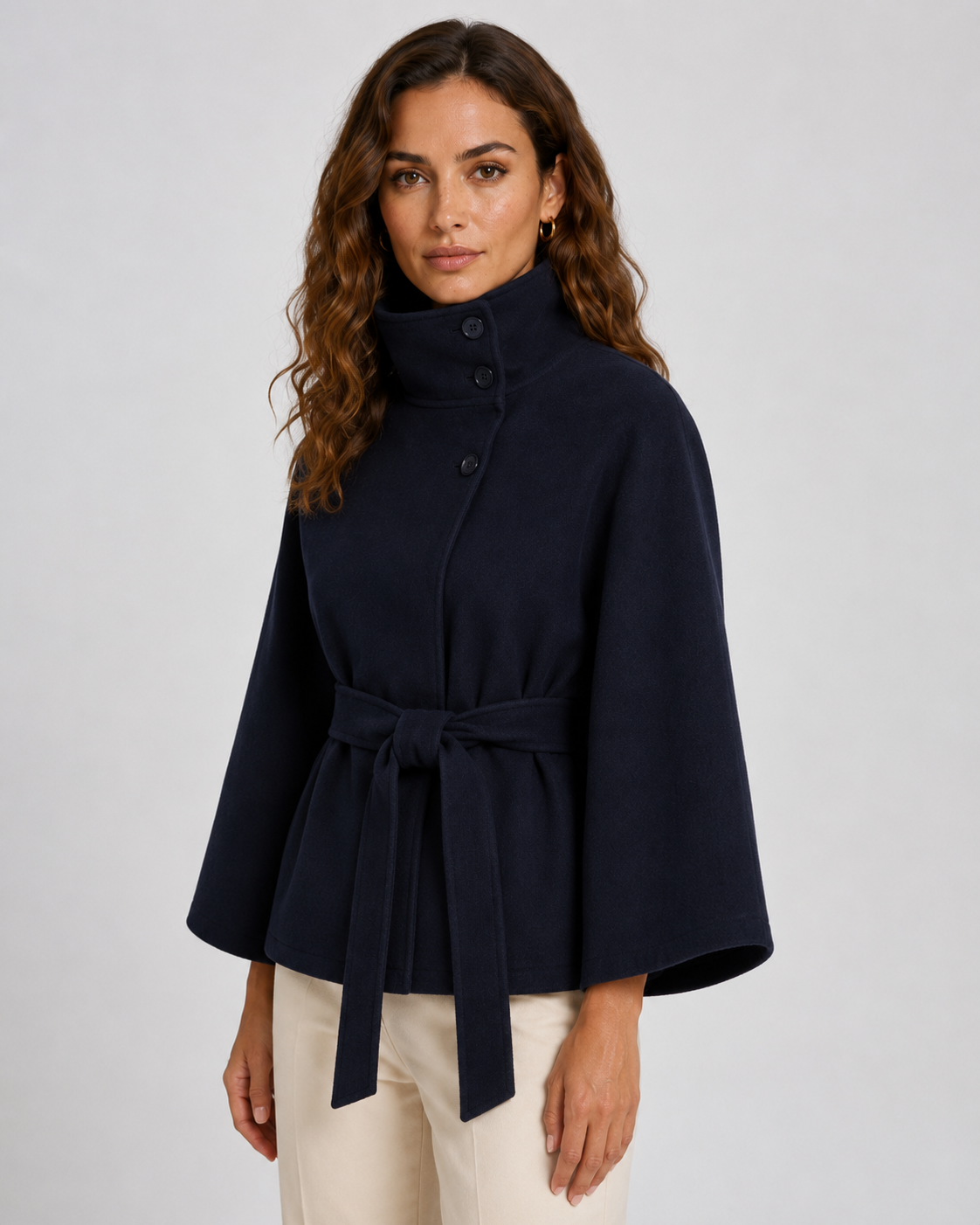 Women's Belted Funnel Neck Cape - Wide Sleeve