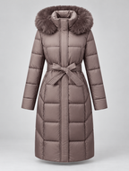 Women's Belted Puffer Coat - Fur-Look Trim Hood