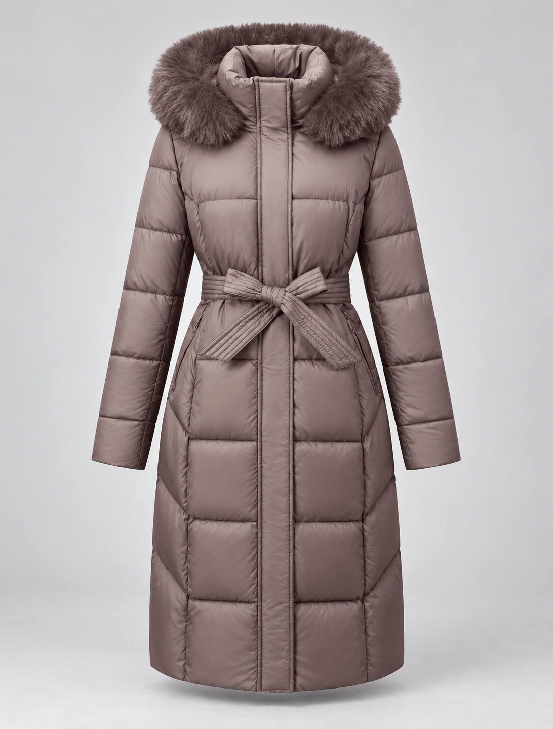 Women's Belted Puffer Coat - Fur-Look Trim Hood