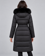 Women's Belted Puffer Coat - Fur-Look Trim Hood