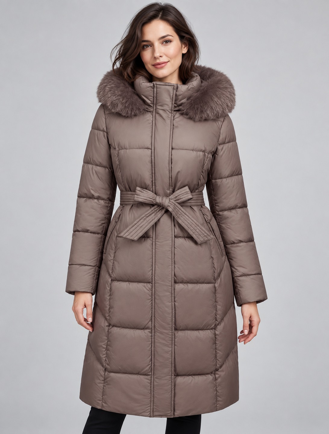 Women's Belted Puffer Coat - Fur-Look Trim Hood
