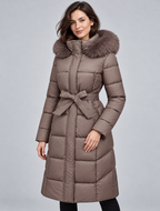 Women's Belted Puffer Coat - Fur-Look Trim Hood