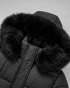 Women's Belted Puffer Coat - Fur-Look Trim Hood