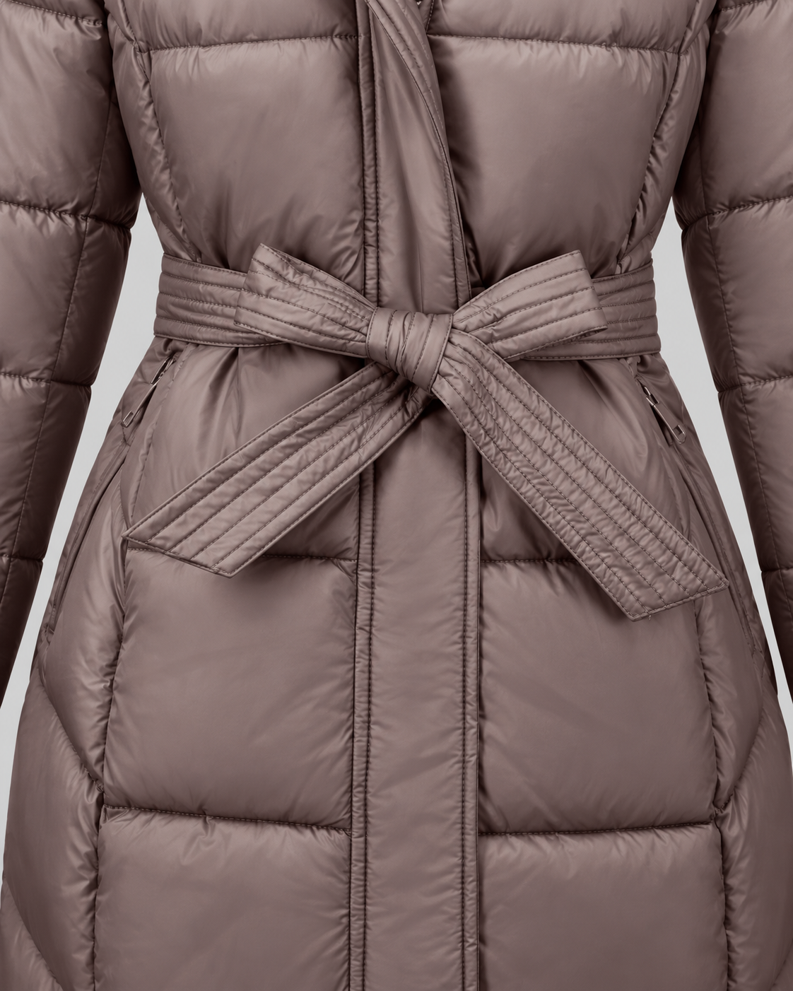 Women's Belted Puffer Coat - Fur-Look Trim Hood