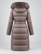 Women's Belted Puffer Coat - Fur-Look Trim Hood