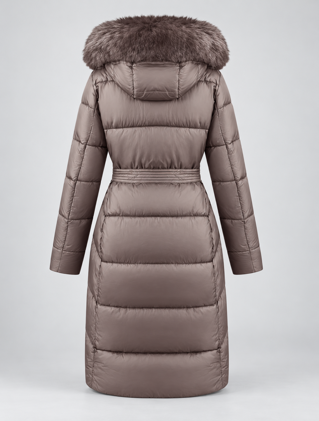Women's Belted Puffer Coat - Fur-Look Trim Hood