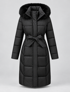 Women's Belted Puffer Coat - Fur-Look Trim Hood