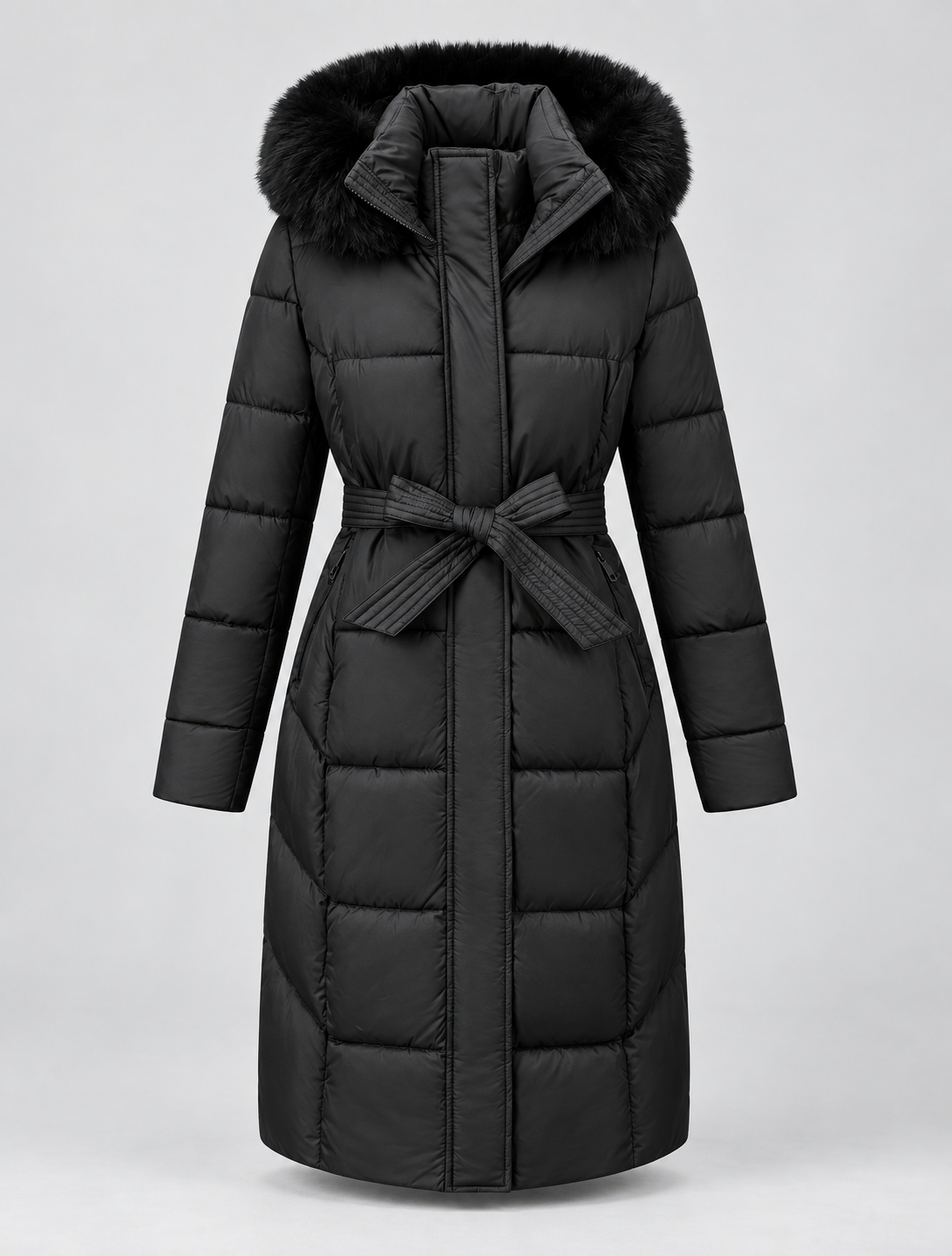 Women's Belted Puffer Coat - Fur-Look Trim Hood