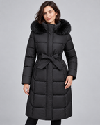 Women's Belted Puffer Coat - Fur-Look Trim Hood