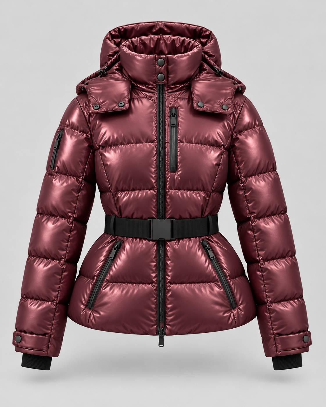 Women's Belted Puffer Jacket – Hooded High Collar Fitted Waist