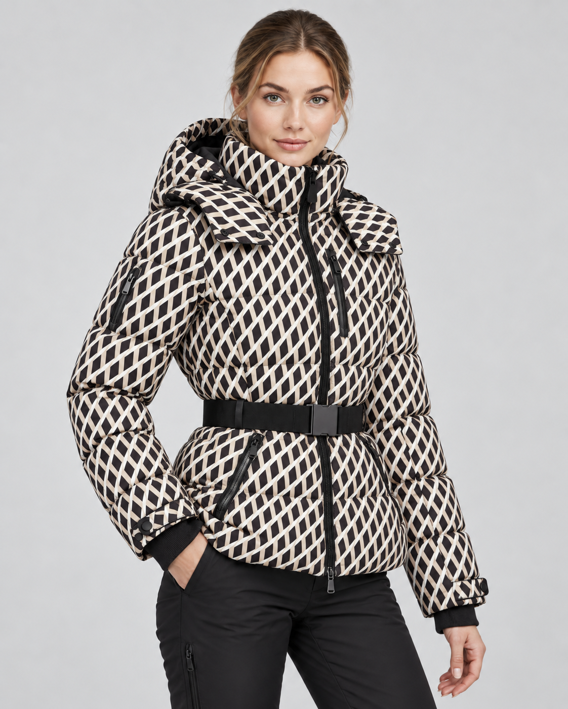 Women's Belted Puffer Jacket – Hooded High Collar Fitted Waist
