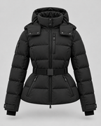 Women's Belted Puffer Jacket – Hooded High Collar Fitted Waist