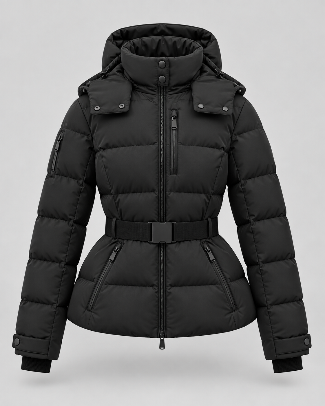 Women's Belted Puffer Jacket – Hooded High Collar Fitted Waist