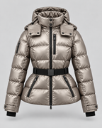 Women's Belted Puffer Jacket – Hooded High Collar Fitted Waist