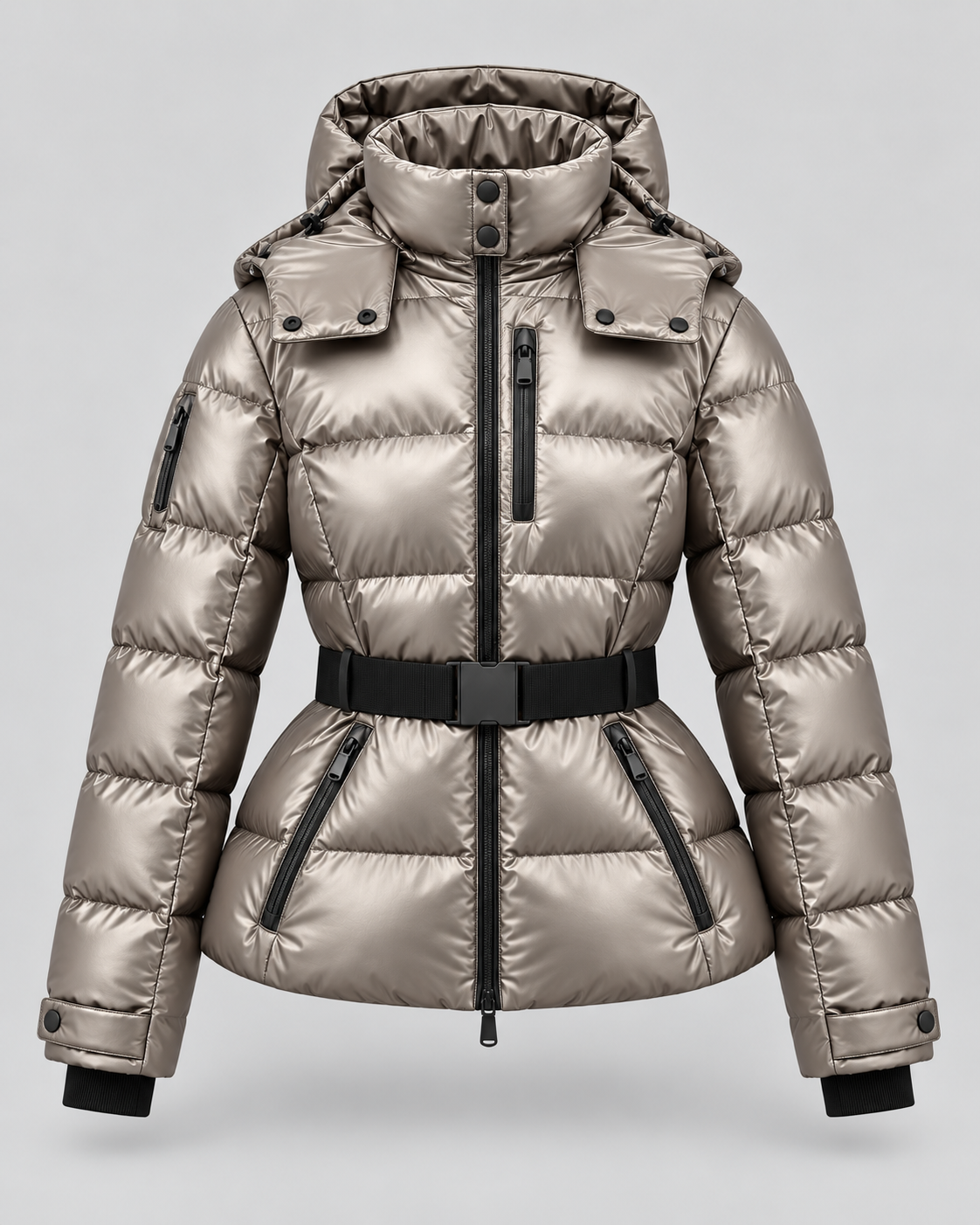 Women's Belted Puffer Jacket – Hooded High Collar Fitted Waist