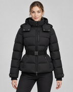 Women's Belted Puffer Jacket – Hooded High Collar Fitted Waist