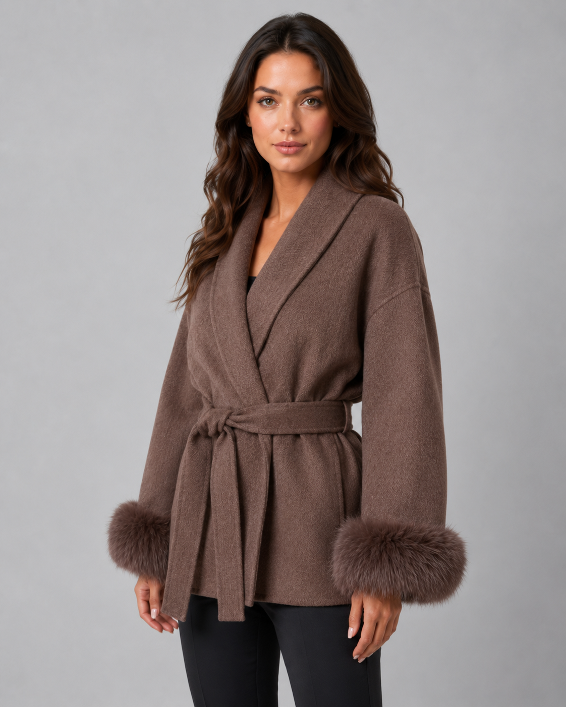 Women's Belted Wrap Coat with Faux Fur Cuffs and Shawl Collar