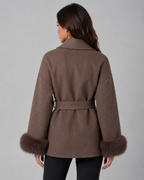 Women's Belted Wrap Coat with Faux Fur Cuffs and Shawl Collar