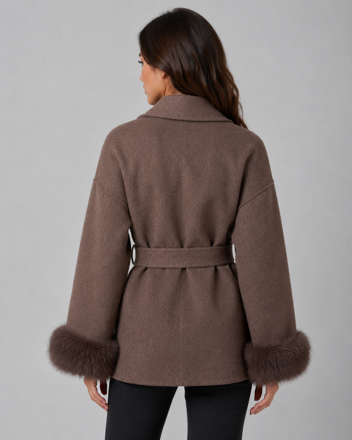 Women's Belted Wrap Coat with Faux Fur Cuffs and Shawl Collar
