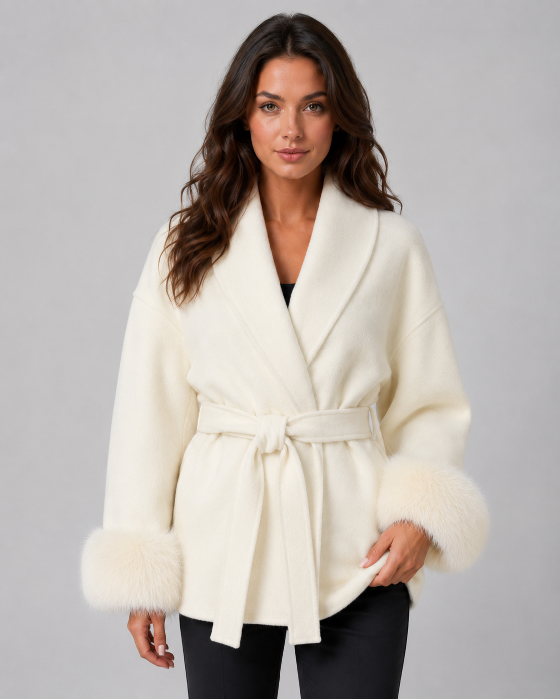 Women's Belted Wrap Coat with Faux Fur Cuffs and Shawl Collar