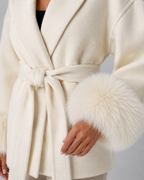 Women's Belted Wrap Coat with Faux Fur Cuffs and Shawl Collar