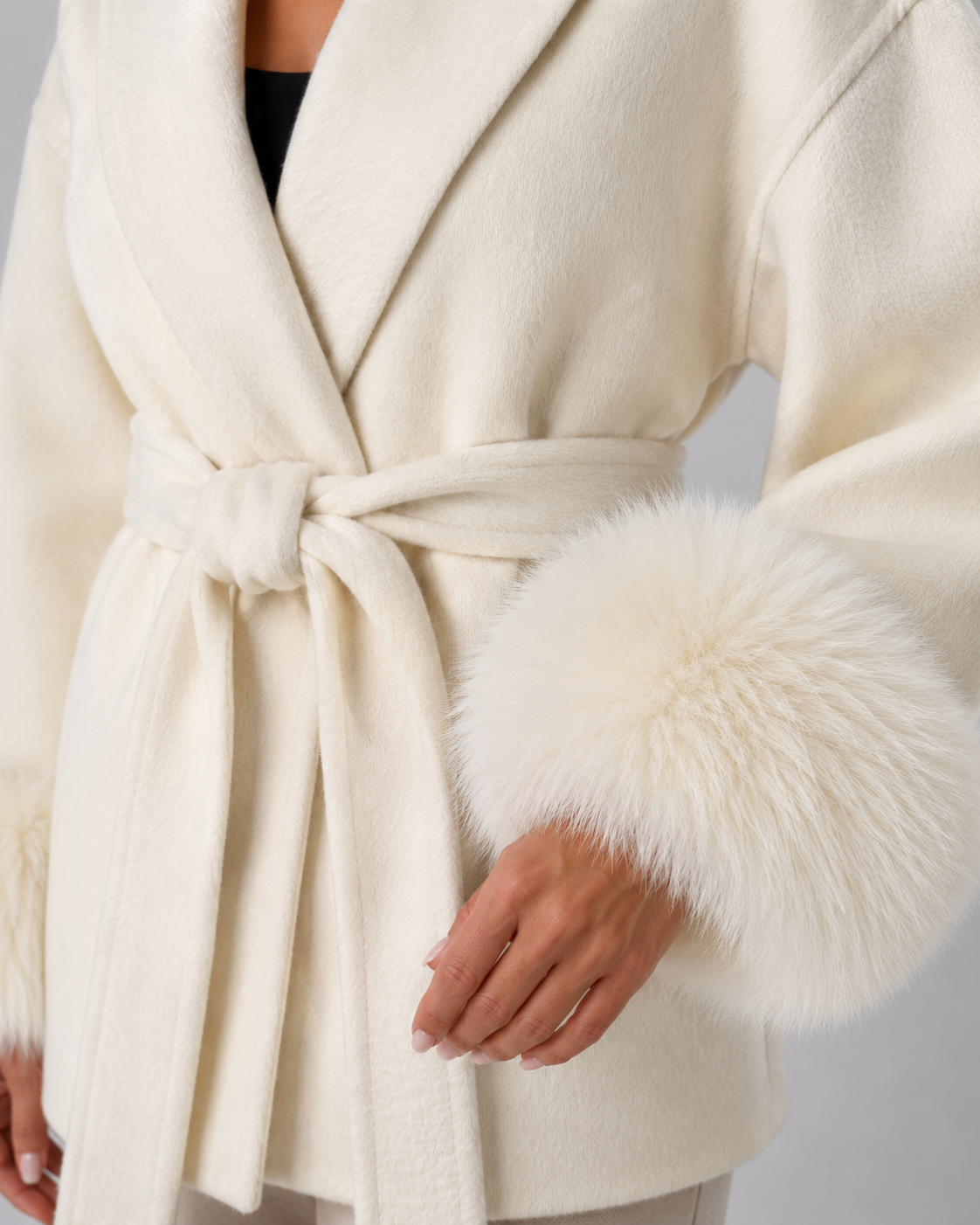 Women's Belted Wrap Coat with Faux Fur Cuffs and Shawl Collar