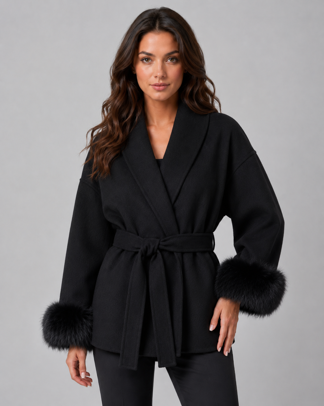 Women's Belted Wrap Coat with Faux Fur Cuffs and Shawl Collar