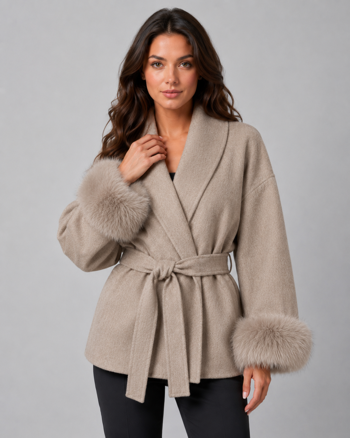 Women's Belted Wrap Coat with Faux Fur Cuffs and Shawl Collar