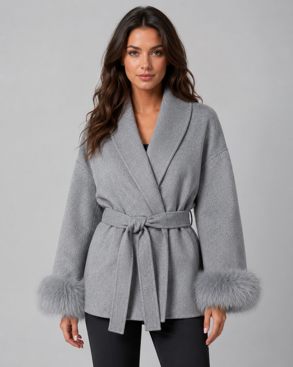 Women's Belted Wrap Coat with Faux Fur Cuffs and Shawl Collar